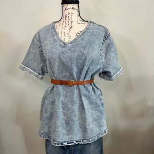 Giovanco Denim Tunic Top Short Sleeve V Neck Raw Hem Long Casual Shirt